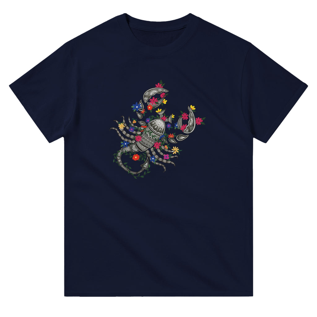 Image of Navy Blue T-Shirt with Scorpio Zodiac Sign Graphic by AK Pattern Studio