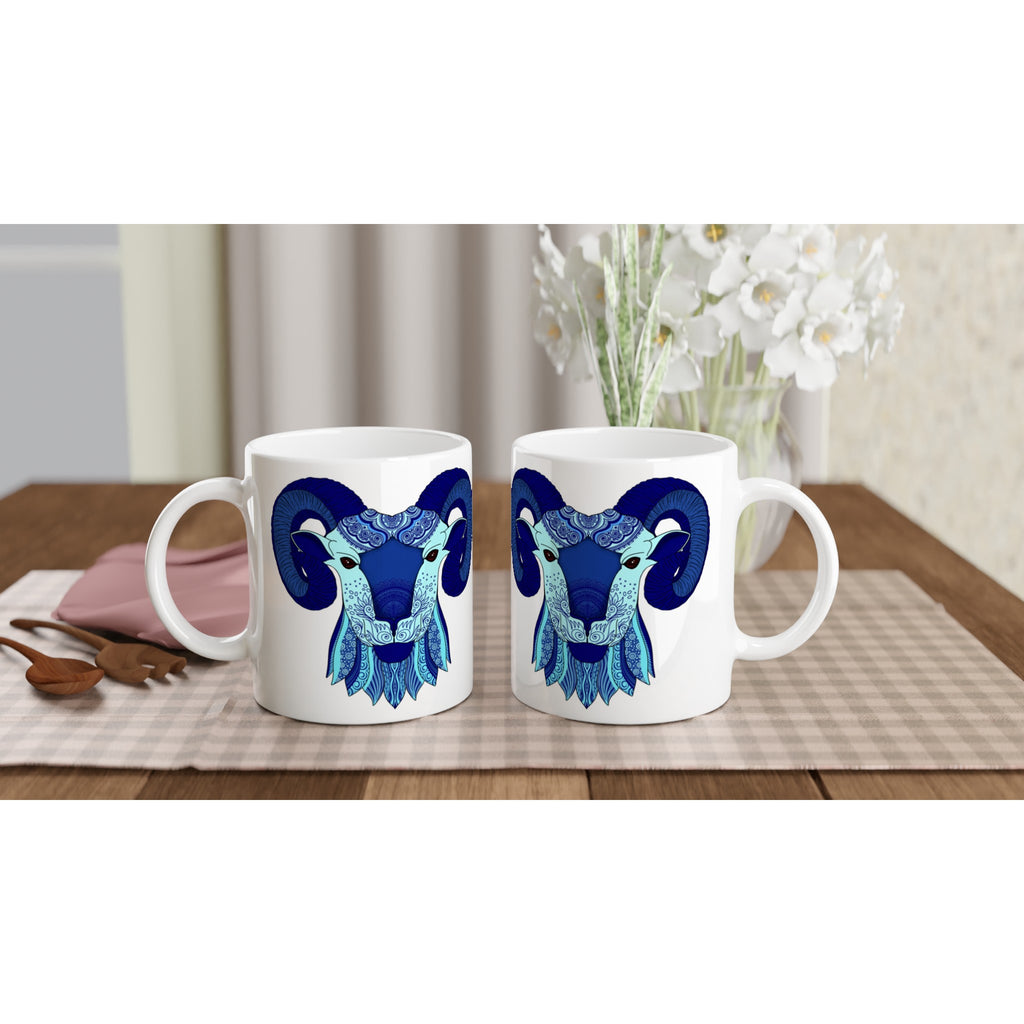 Image of two coffee white coffee mugs with Aries Sign designed by AK Pattern Studio 