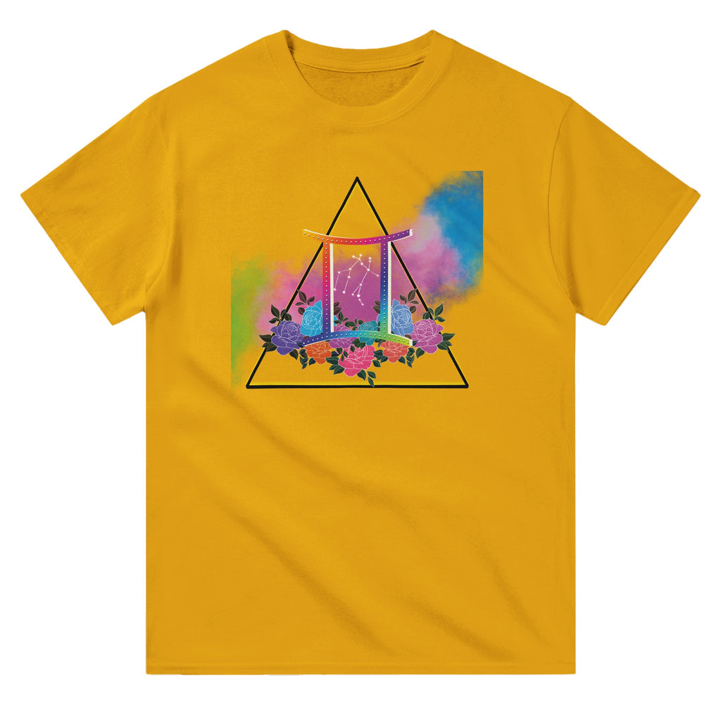 Picture of Yellow T-Shirt with Gemini Zodiac Sign Graphic by AK Pattern Studio