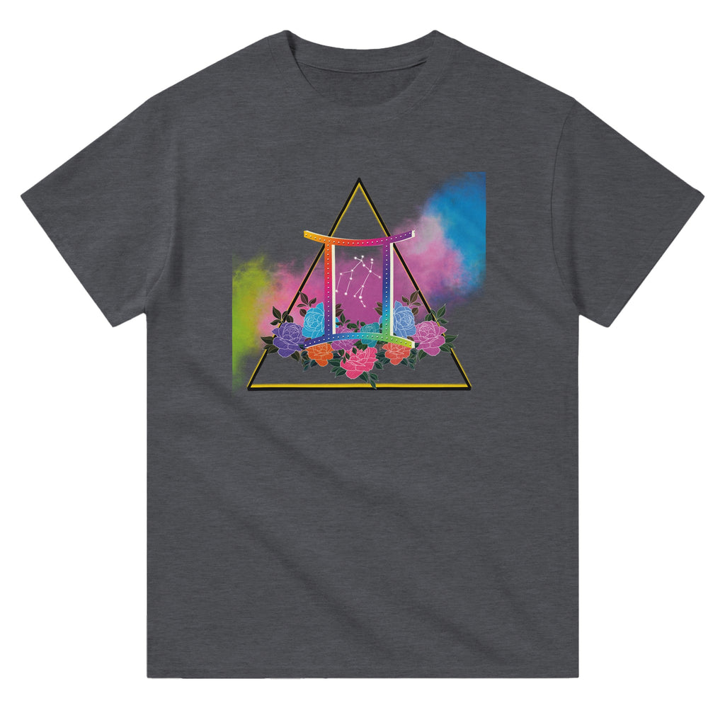 Picture of Dark Heather T-Shirt with Gemini Zodiac Sign Graphic by AK Pattern Studio