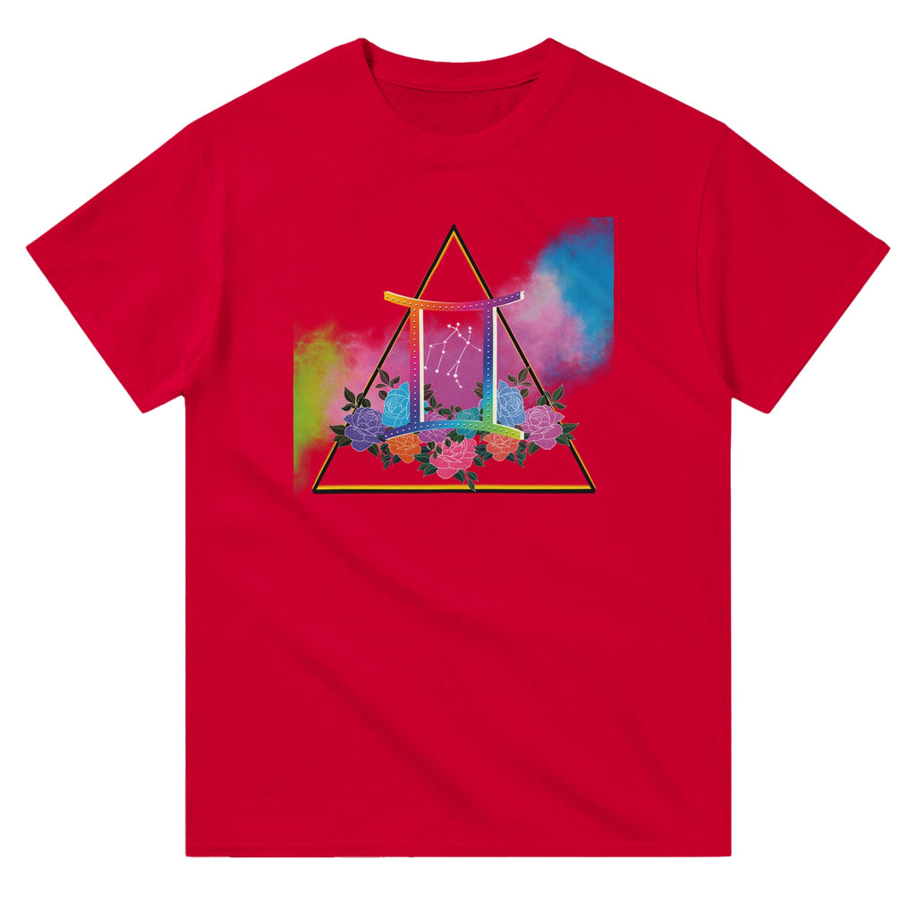 Picture of Red T-Shirt with Gemini Zodiac Sign Graphic by AK Pattern Studio