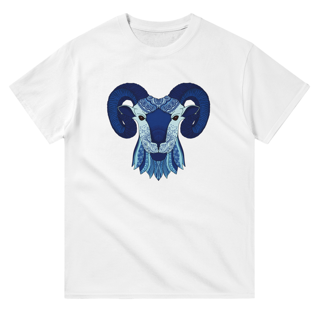 Image of White T-Shirt with Aries Zodiac Sign Graphic by AK Pattern Studio