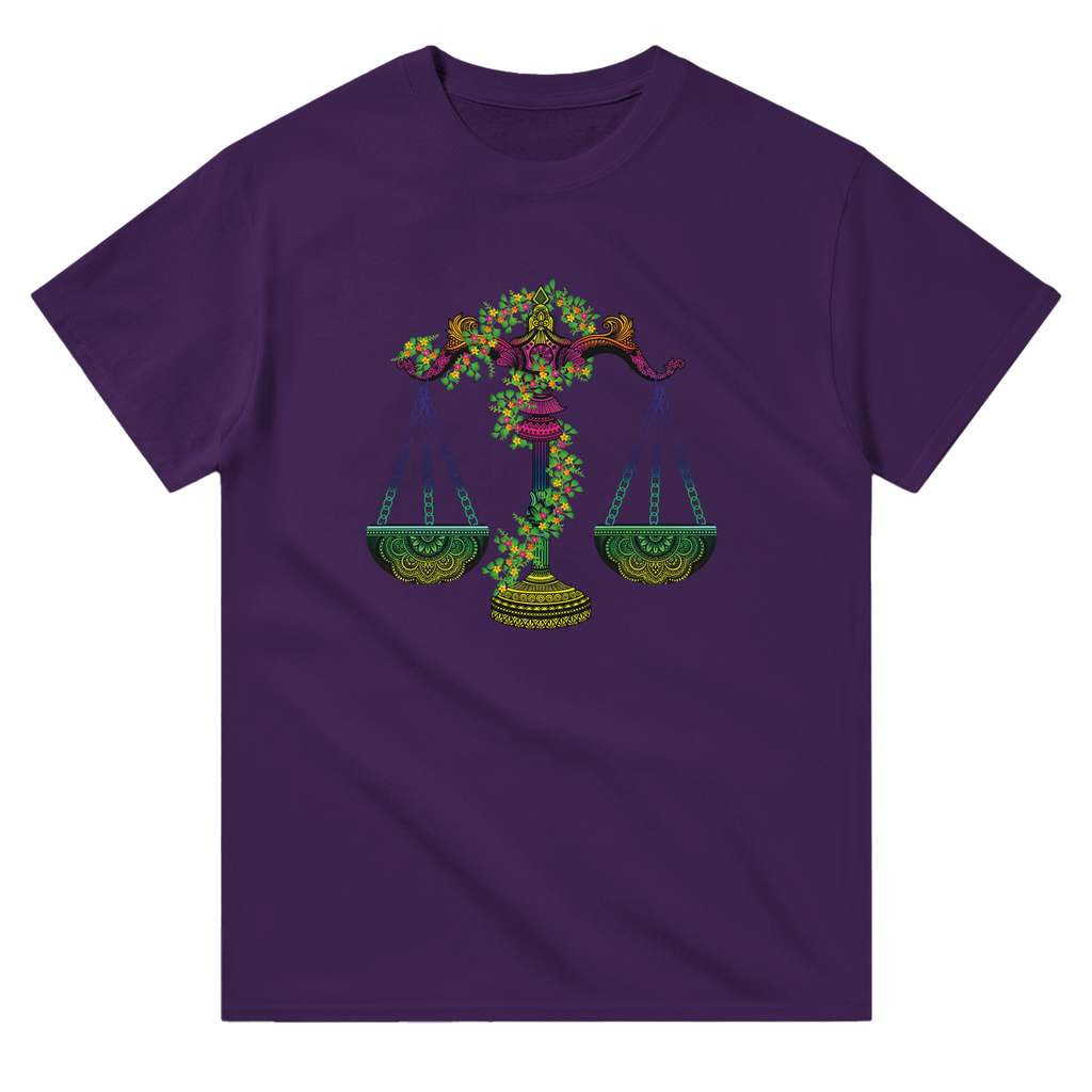 Image of Purple T-Shirt with Libra Zodiac Sign Graphic by AK Pattern Studio