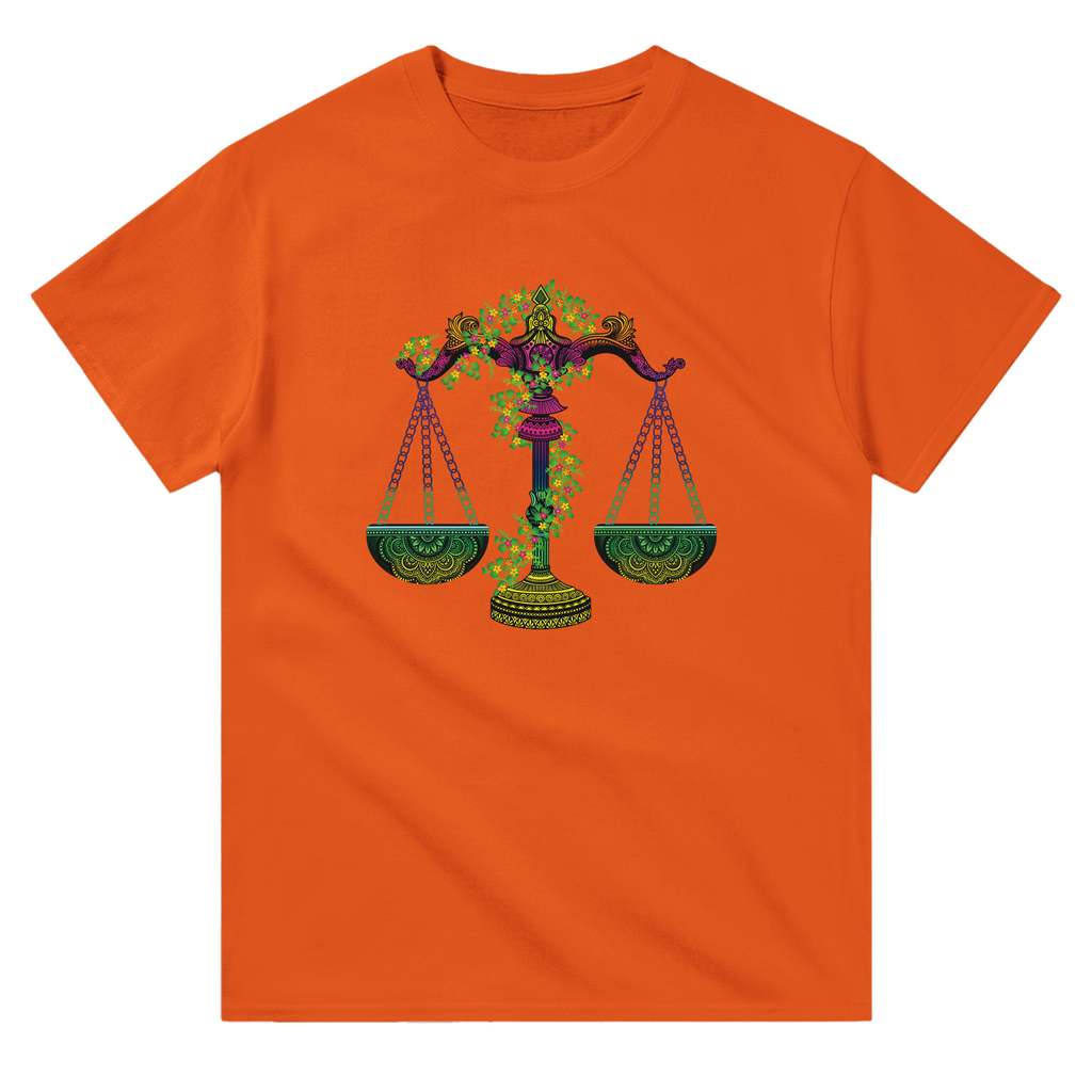 Image of Orange T-Shirt with Libra Zodiac Sign Graphic by AK Pattern Studio