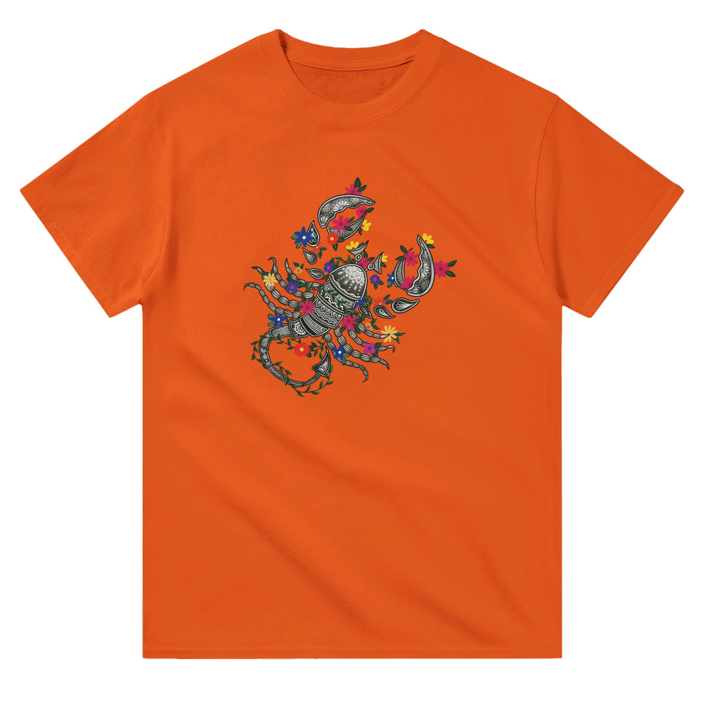 Image of Orange T-Shirt with Scorpio Zodiac Sign Graphic by AK Pattern Studio