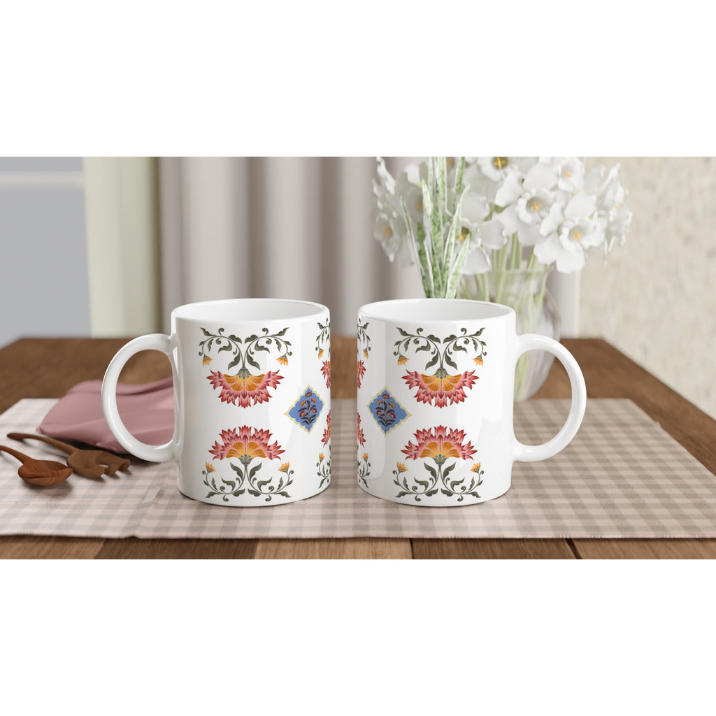 Mughal Inspired Floral motifs printed on 2 Ceramic Mug on a table