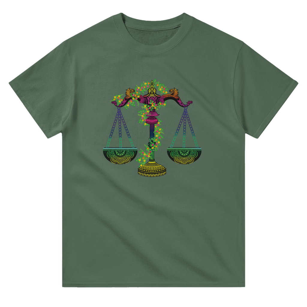 Image of Green T-Shirt with Libra Zodiac Sign Graphic by AK Pattern Studio