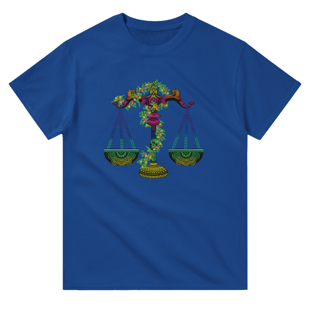 Image of Blue T-Shirt with Libra Zodiac Sign Graphic by AK Pattern Studio