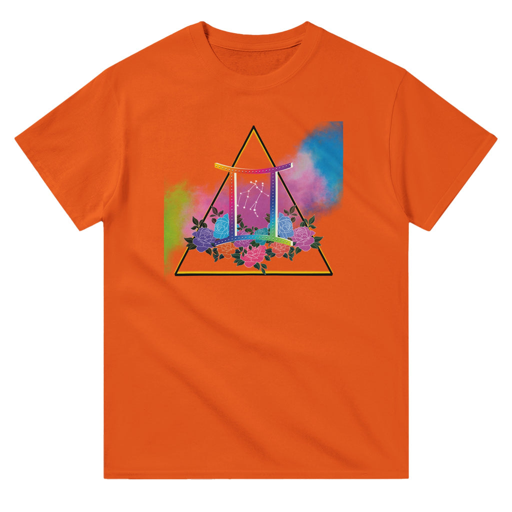 Picture of Orange T-Shirt with Gemini Zodiac Sign Graphic by AK Pattern Studio