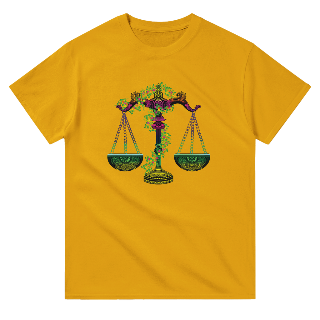 Image of Yellow T-Shirt with Libra Zodiac Sign Graphic by AK Pattern Studio