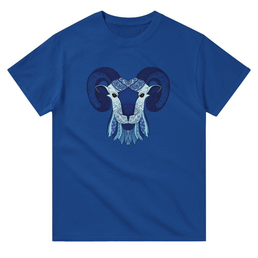 Image of Blue T-Shirt with Aries Zodiac Sign Graphic by AK Pattern Studio