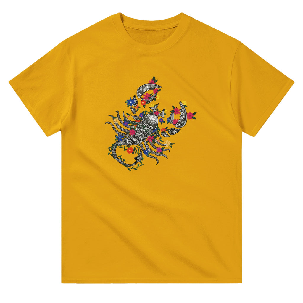 Image of Yellow T-Shirt with Scorpio Zodiac Sign Graphic by AK Pattern Studio