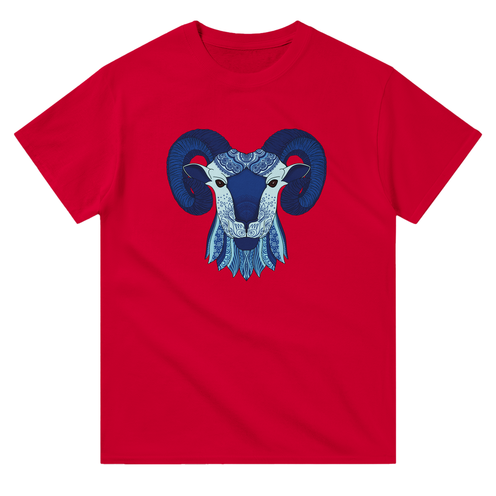 Image of Red T-Shirt with Aries Zodiac Sign Graphic by AK Pattern Studio