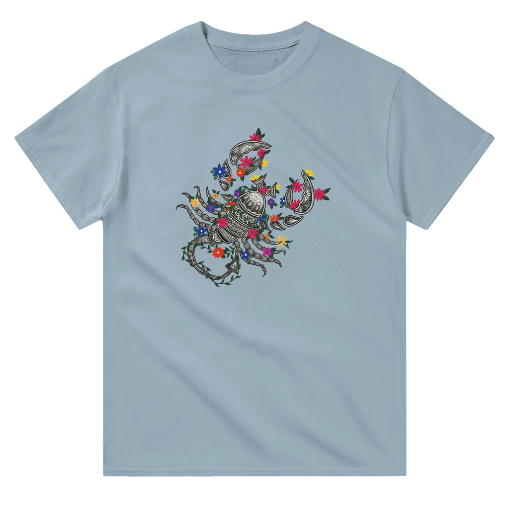 Image of Light Blue T-Shirt with Scorpio Zodiac Sign Graphic by AK Pattern Studio 