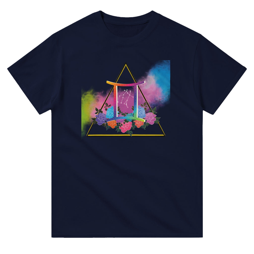 Picture of Navy Blue T-Shirt with Gemini Zodiac Sign Graphic by AK Pattern Studio