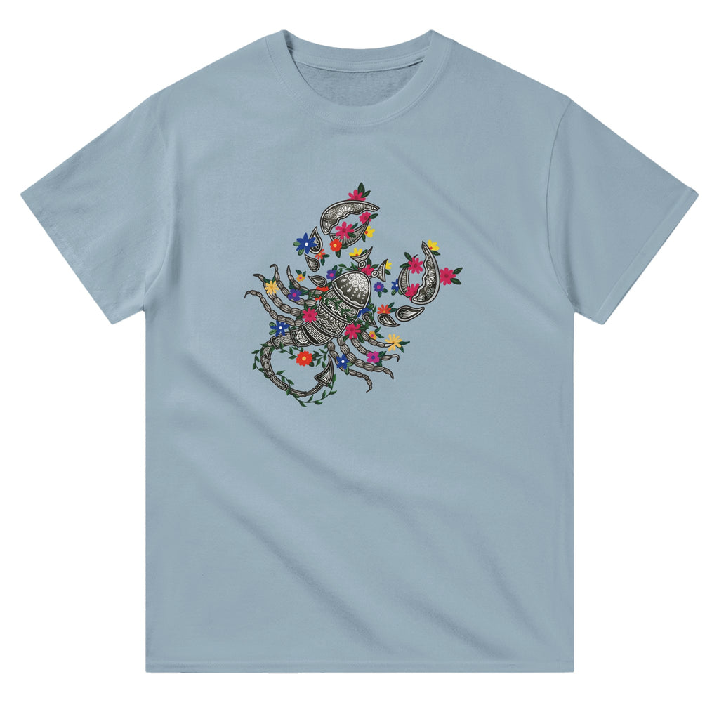 Image of Light Blue Graphic Tee with Scorpio Sign by AK Pattern Studio 