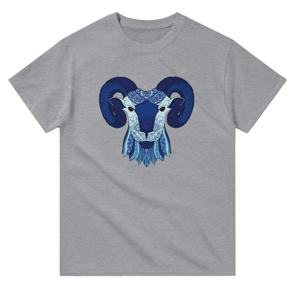 Image of Grey T-Shirt with Aries Zodiac Sign Graphic by AK Pattern Studio