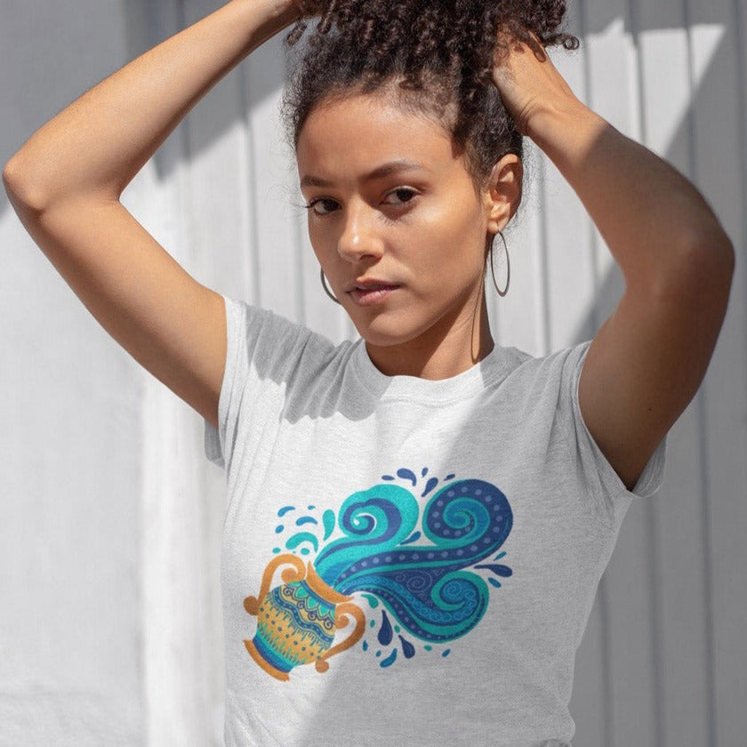 Image of Women wearing graphic Tee with Aquarius Sign by AK Pattern Studio