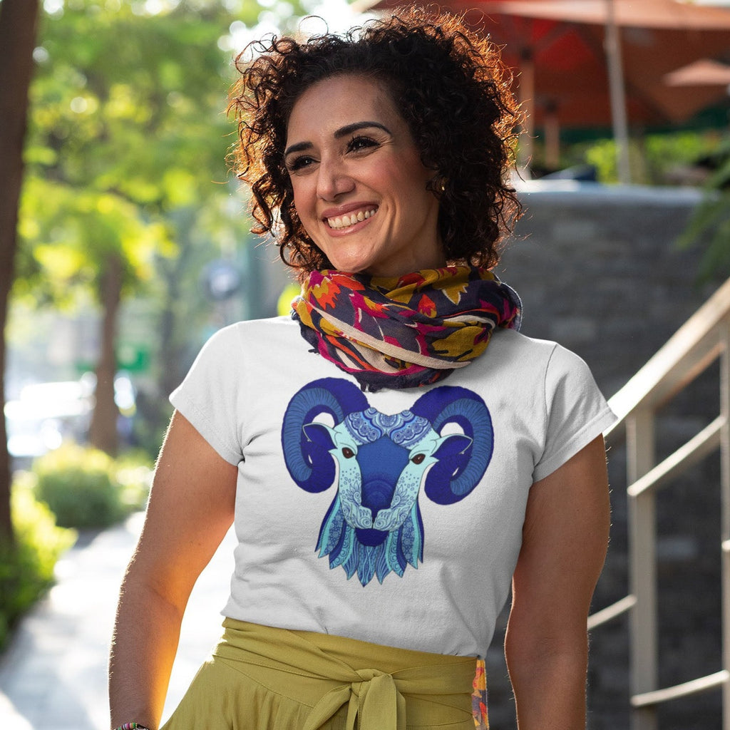 Image of Women Wearing cotton t-shirt with Aries Sign by AK Pattern Studio 