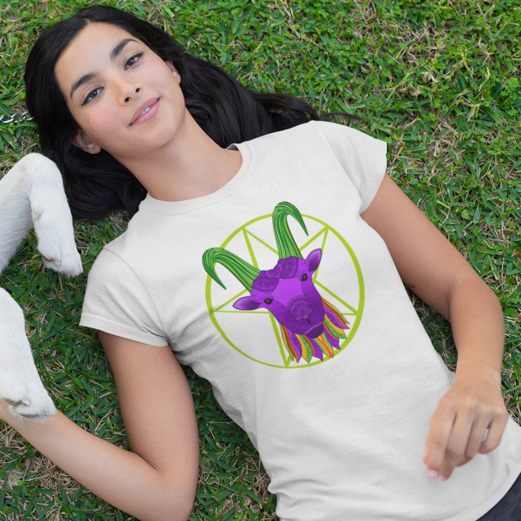 Image of Women wearing graphic Tee with Capricorn Sign by AK Pattern Studio