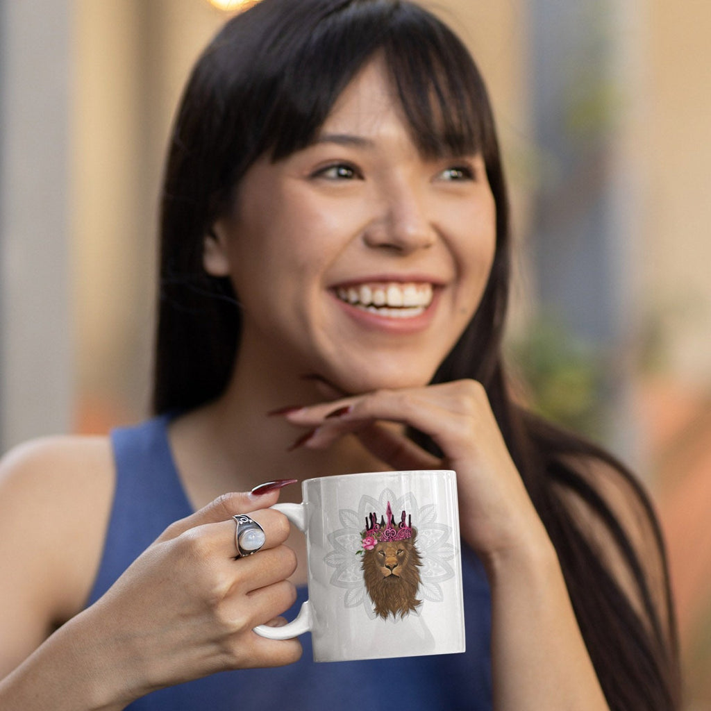 Image of Model holding Coffee Mug with Leo Queen Sign designed by AK Pattern Studio