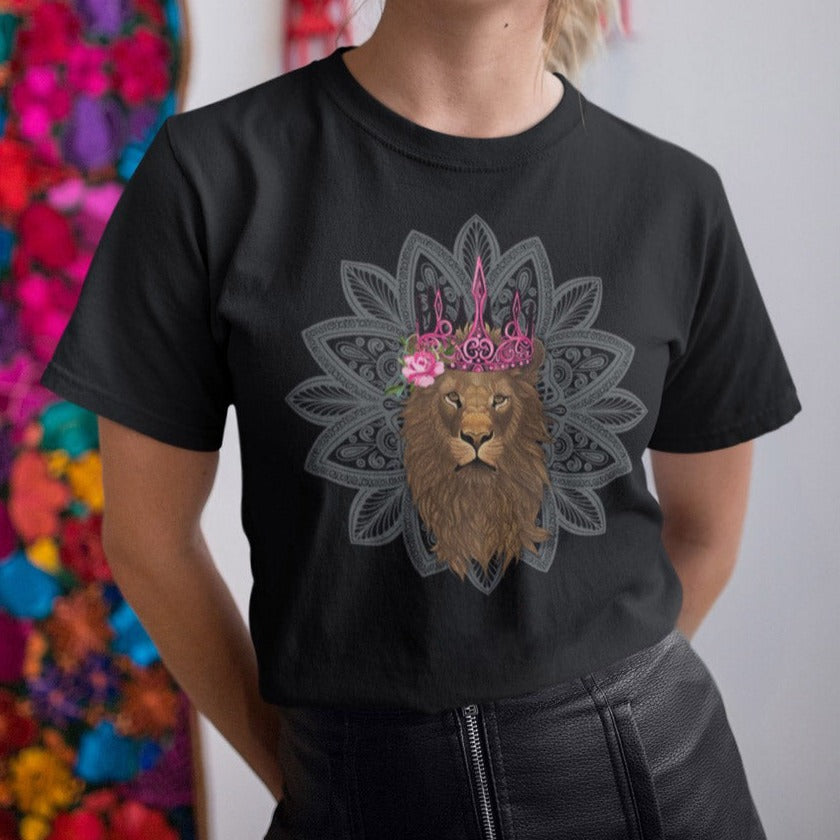 Image of Women wearing graphic Tee with Leo Sign by AK Pattern Studio