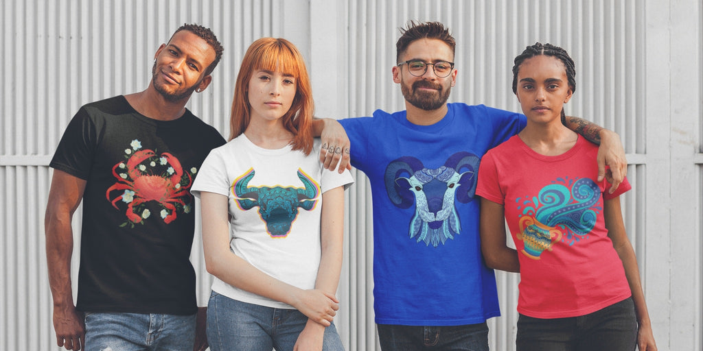 Image of men and women wearing Zodiac sign Collection Graphic Tees by AK Pattern Studio