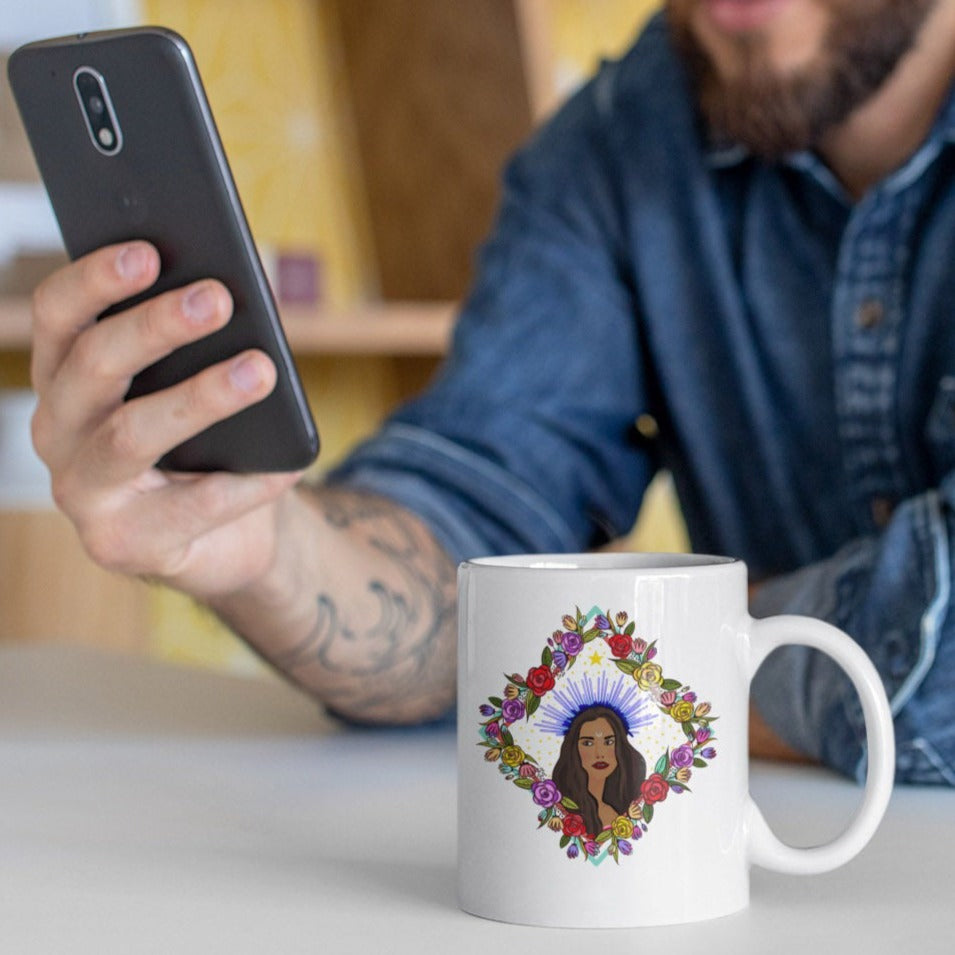 Image of Model holding Coffee Mug with Virgo Sign designed by AK Pattern Studio