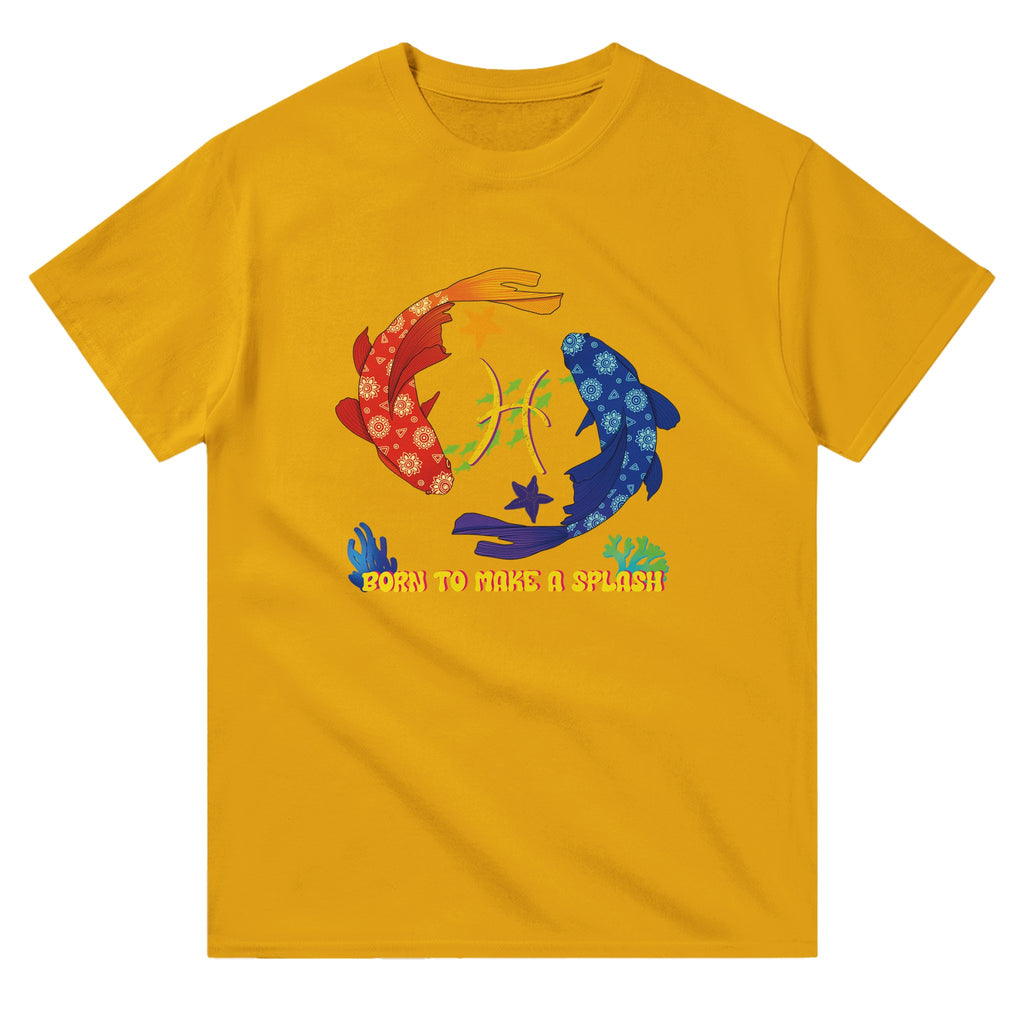 Image of Yellow T-Shirt with Pisces Zodiac Sign Graphic by AK Pattern Studio