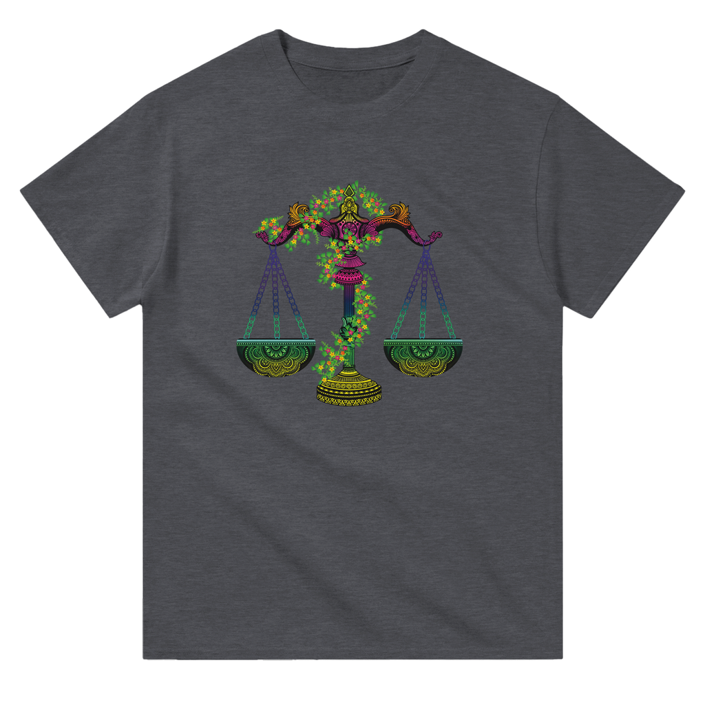 Image of Dark Heather T-Shirt with Libra Zodiac Sign Graphic by AK Pattern Studio