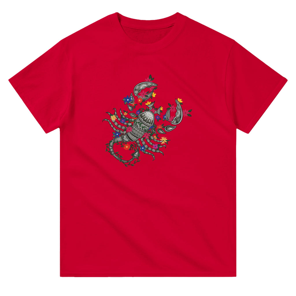 Image of Red T-Shirt with Scorpio Zodiac Sign Graphic by AK Pattern Studio