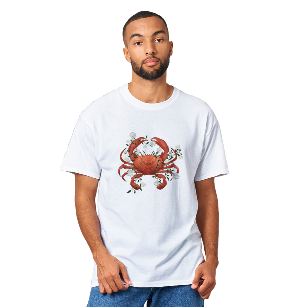 Man Wearing White Graphic T-shirt with Cancer Zodiac Sign Graphic by AK Pattern Studio