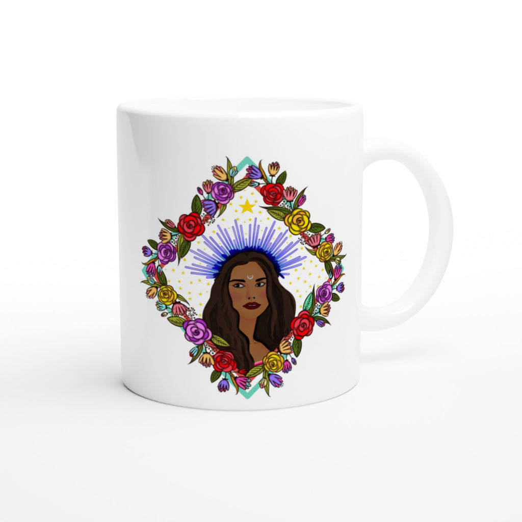 Image of white coffee mug with Virgo sign designed by AK Pattern Studio