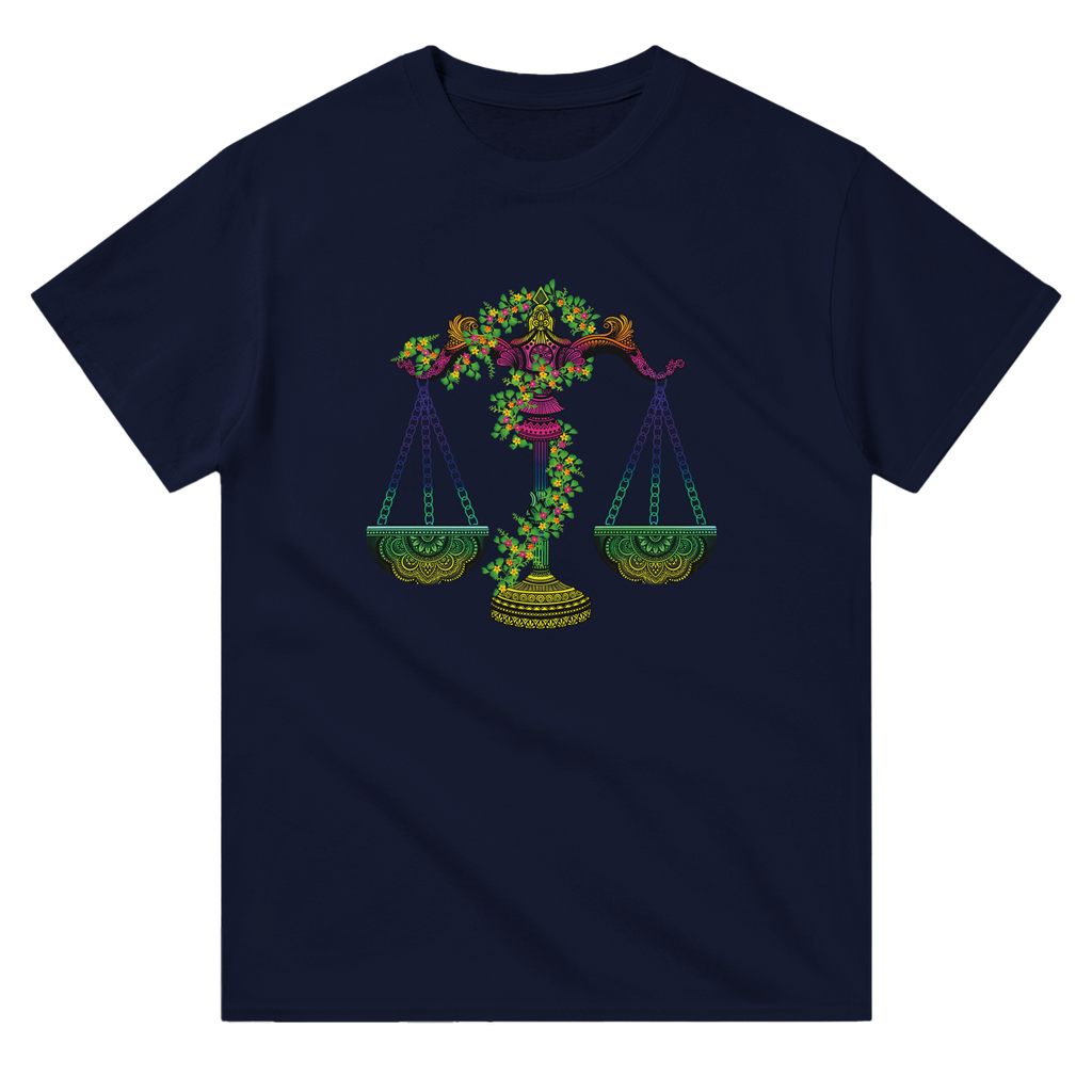 Image of Navy Blue T-Shirt with Libra Zodiac Sign Graphic by AK Pattern Studio