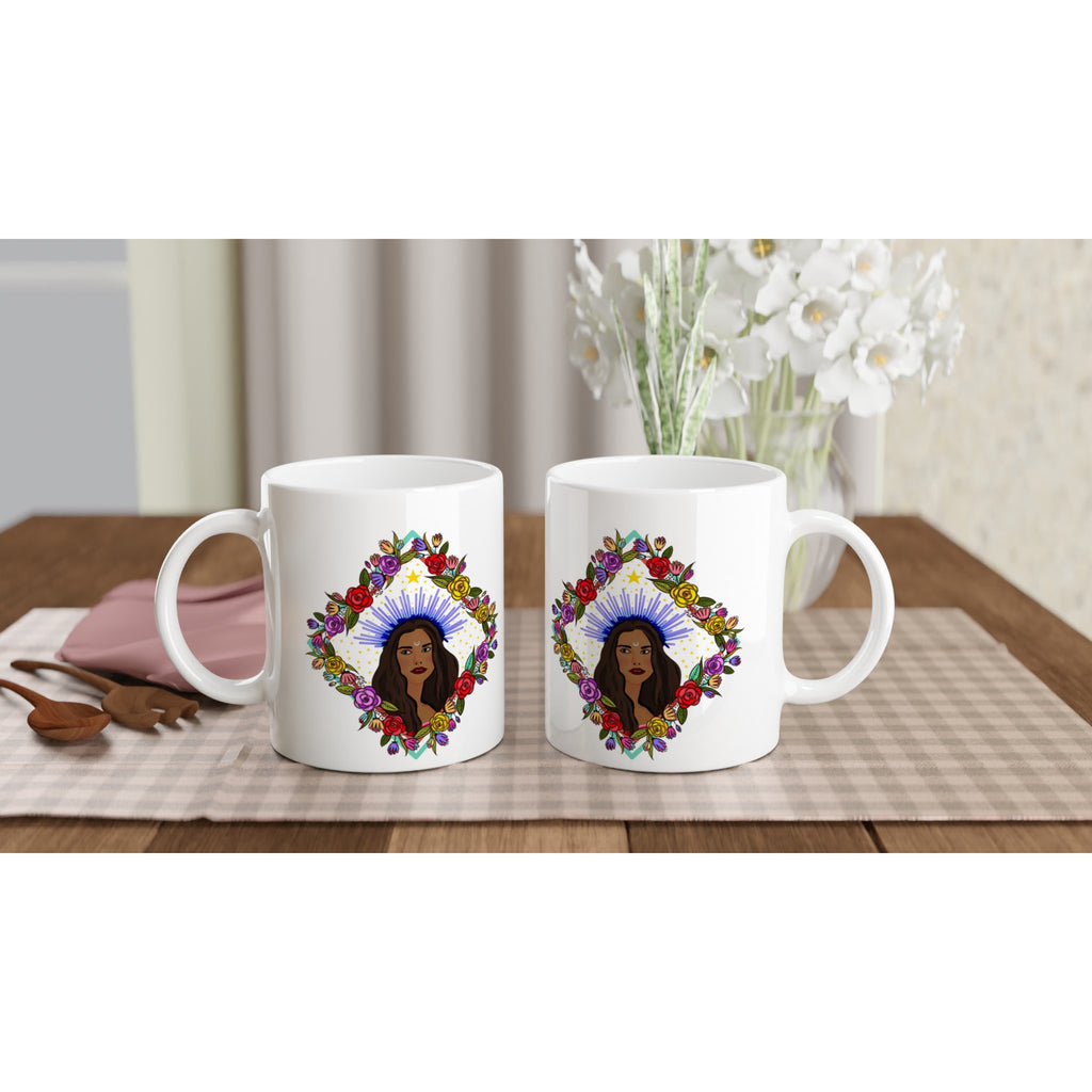 Image of two coffee white coffee mugs with Virgo Sign designed by AK Pattern Studio 