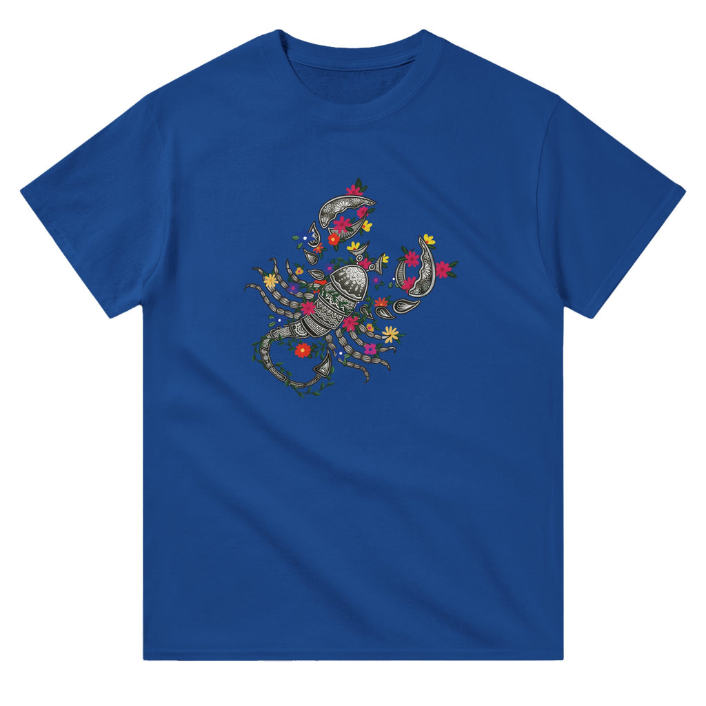 Image of Blue T-Shirt with Scorpio Zodiac Sign Graphic by AK Pattern Studio