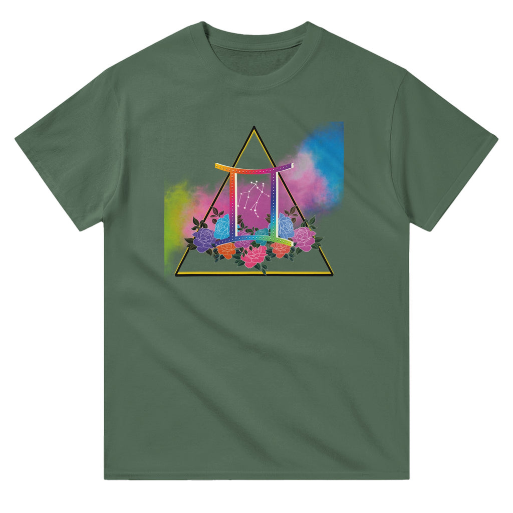 Picture of Green T-Shirt with Gemini Zodiac Sign Graphic by AK Pattern Studio