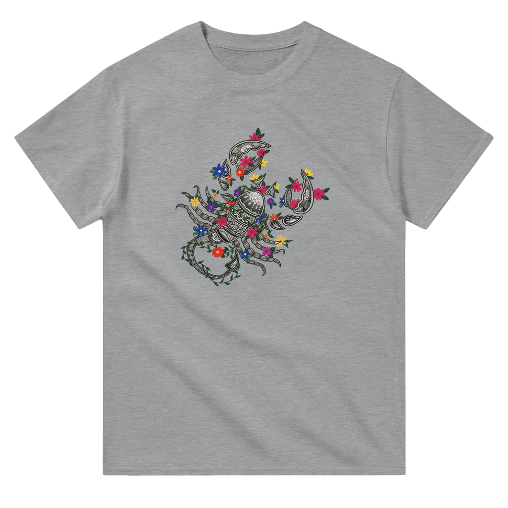 Image of Grey T-Shirt with Scorpio Zodiac Sign Graphic by AK Pattern Studio