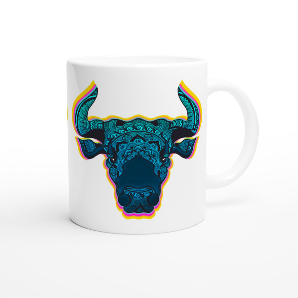 Image of white coffee mug with Taurus sign designed by AK Pattern Studio