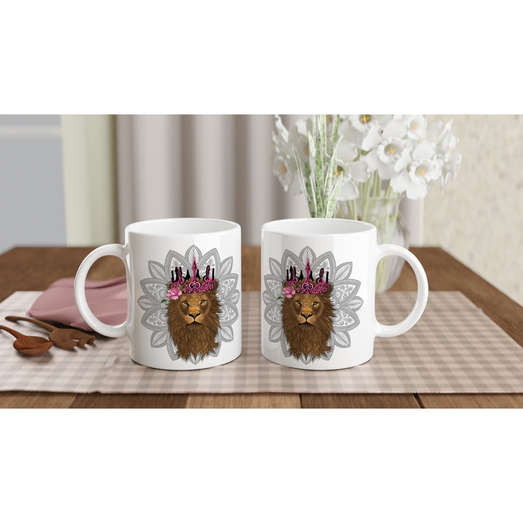 Image of two coffee white coffee mugs with Leo Queen Sign designed by AK Pattern Studio 