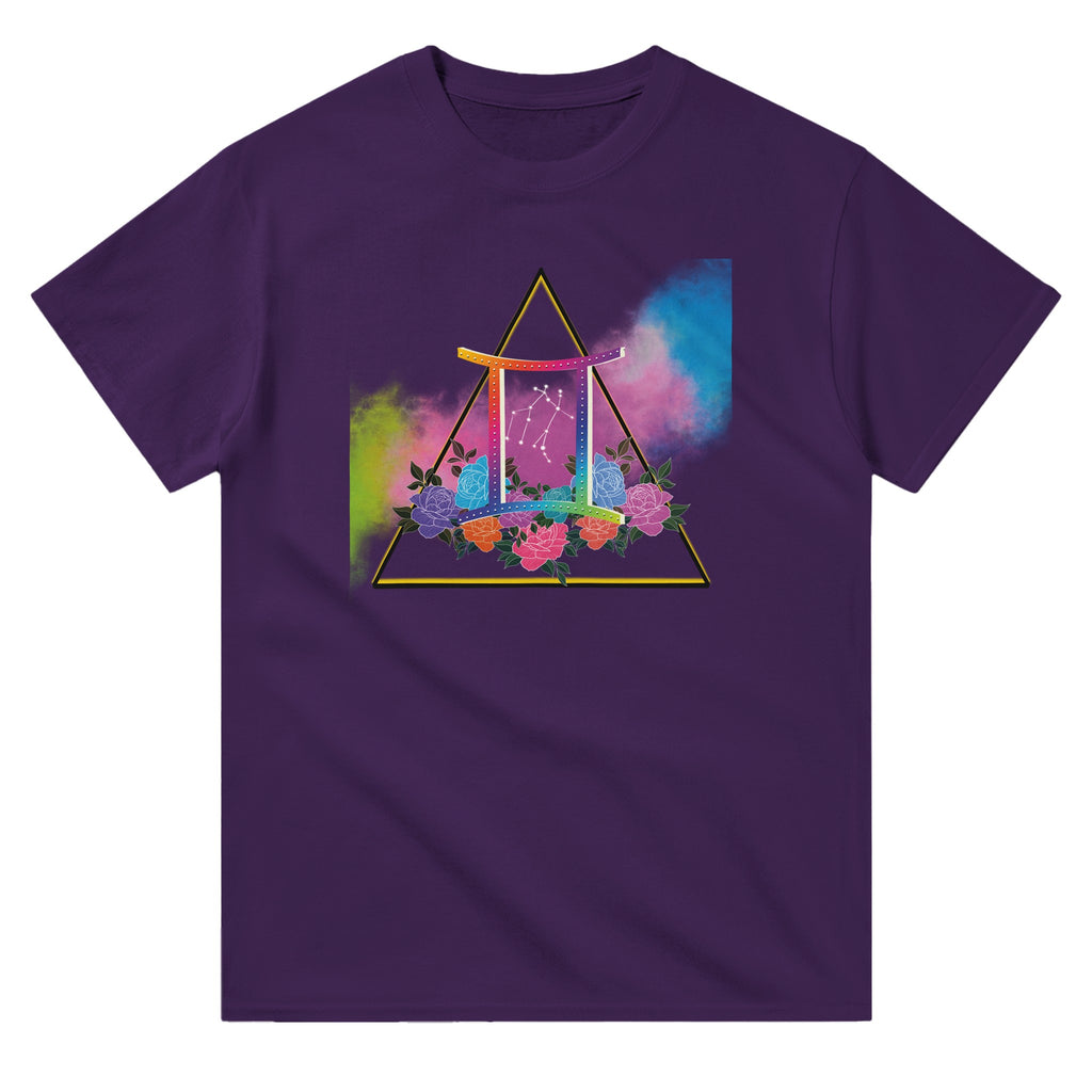 Picture of Purple T-Shirt with Gemini Zodiac Sign Graphic by AK Pattern Studio.