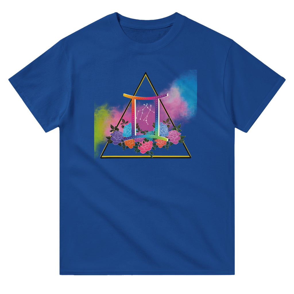 Picture of Blue T-Shirt with Gemini Zodiac Sign Graphic by AK Pattern Studio